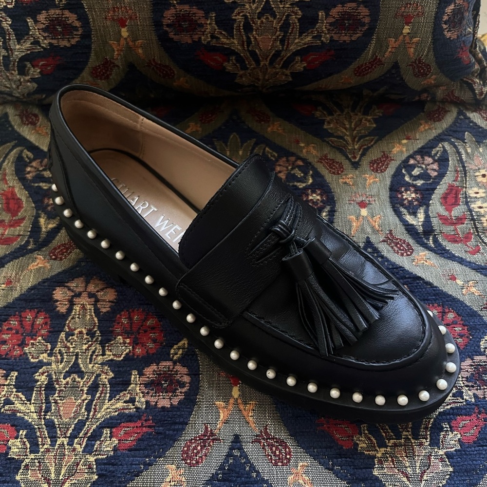 Stuart Weitzman Real Leather Pearl Embellished Loafer Size 6